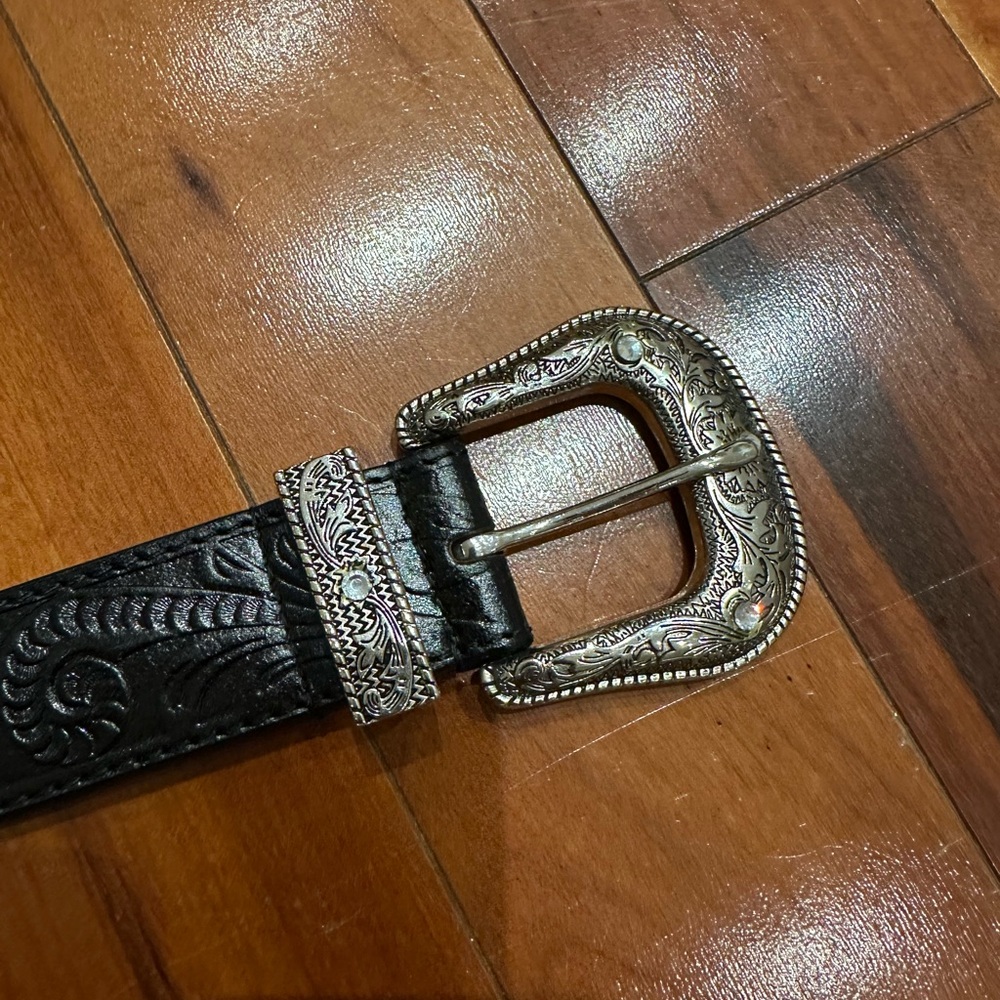 Simons Black Leather Belt with Ornate Silver Buckle